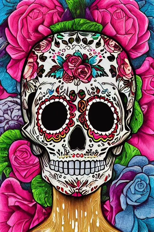 Prompt: illustration of a sugar skull day of the dead girl, art by storm thorgerson