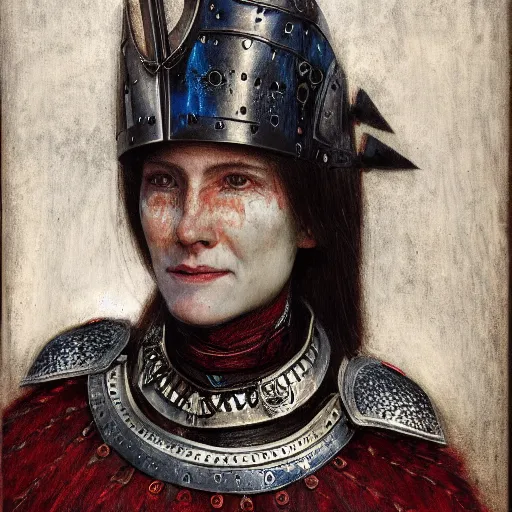 Prompt: head and shoulders portrait of a female knight, saami, cuirass, tonalist, symbolist, realism, chiaroscuro, baroque, indigo and venetian red, grisaille, detailed, raven, modeled lighting, vignetting, angular, smiling