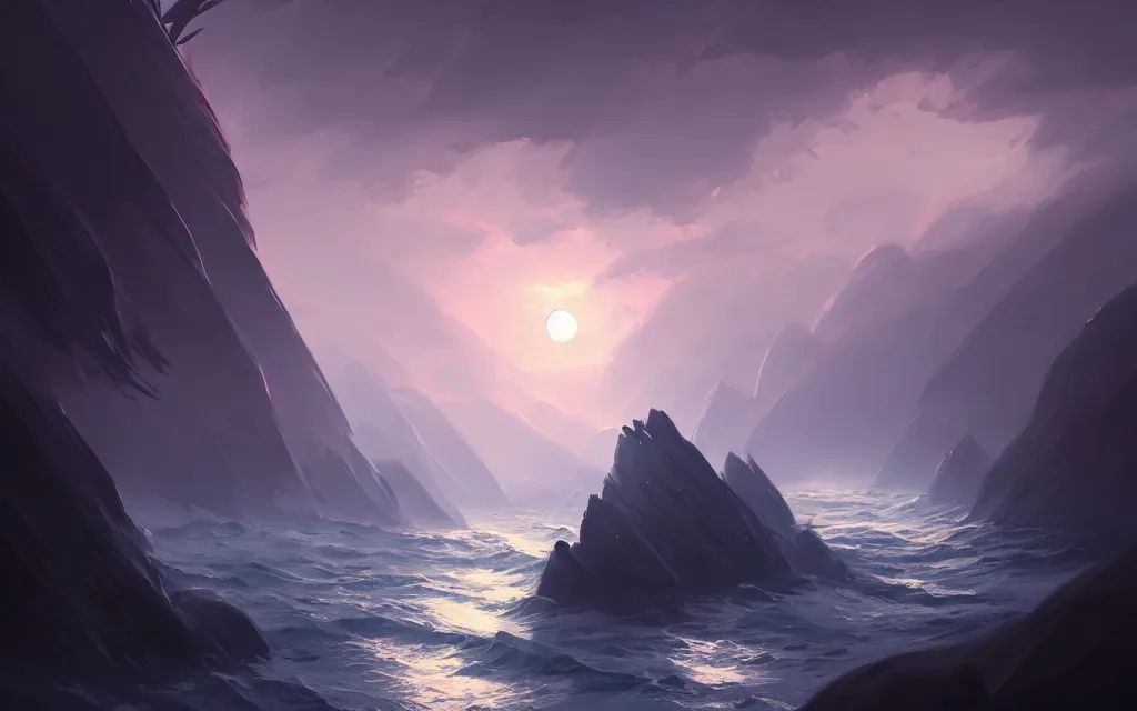 Prompt: stormy rocky coast, moonlight, dreamworks, bastien grivet, dominik mayer, artstation