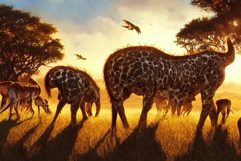 Image similar to a herd of pentasaurus grazing in a warm, sun-filled Savannah at the golden hour, water color, art by artgerm and greg rutkowski and alphonse mucha and jin xiaodi and anthony devine