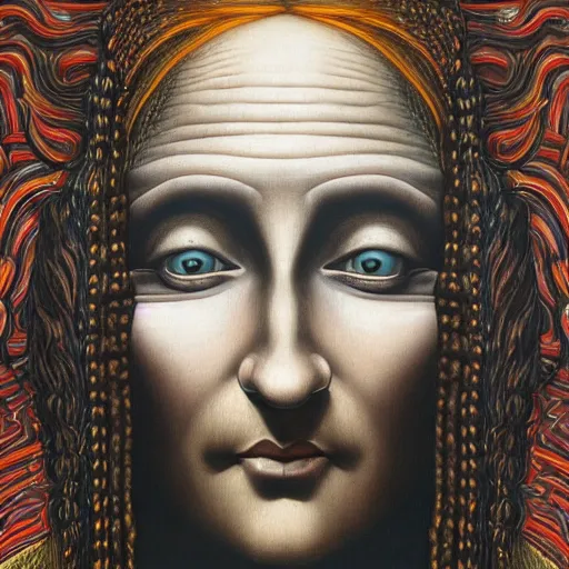 Image similar to monalisa by jacek yerka, alex gray, zdzisław beksiński, dariusz zawadzki, jeffrey smith and h.r. giger, oil on canvas, 8k highly professionally detailed, trending on artstation