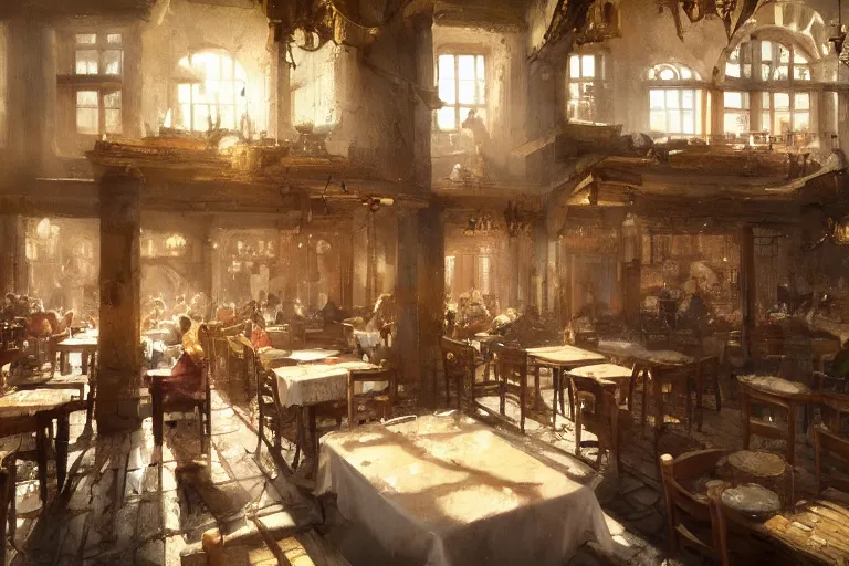 Image similar to A national geographic photo of the interior of an old inn restaurant filled with people by greg rutkowski, Trending on artstation