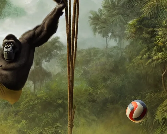 Image similar to a gorilla holding a volleyball and playing volleyball in a jungle, volleyball net, in the style of greg rutkowski, high detail