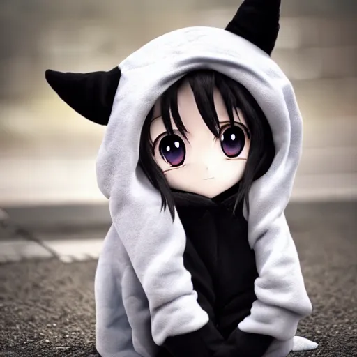 Prompt: cute fumo plush of a wolfgirl in a hoodie, anime girl, anime ears, chibi, black and white, vray