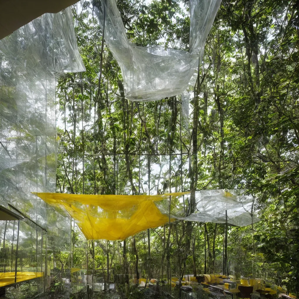 Prompt: interior shot of a crystalline glass house with translucent yellow mesh tarps in a dense jungle