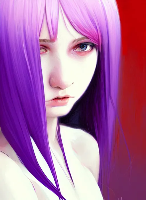 Image similar to hair whitebangs hair, black hair, whitebangs, portrait of teenage girl with white bangs, red irises, purple clothes, white bangs, bangs are different color from hair, intricate, elegant, glowing lights, highly detailed, digital painting, artstation, concept art, smooth, sharp focus, illustration, art by wlop, mars ravelo and greg rutkowski