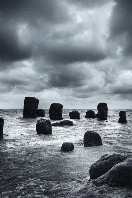 Prompt: a stormy sea shore with brutalist giant architectural rocks, grey tones, 8k resolution, dramatic sky, 3D, depth of field, futuristic , detailed digital art