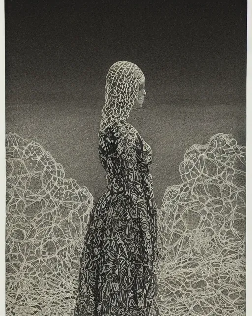 Image similar to a woman standing by the sea, made of intricate decorative lace leaf skeleton, in the style of the dutch masters and gregory crewdson, dark and moody