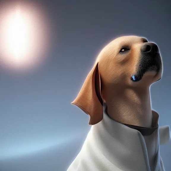 Prompt: a portrait of a dog wearing a robe in heaven, circular, glowing, circle, unreal engine, octane render, artstation, digital art.