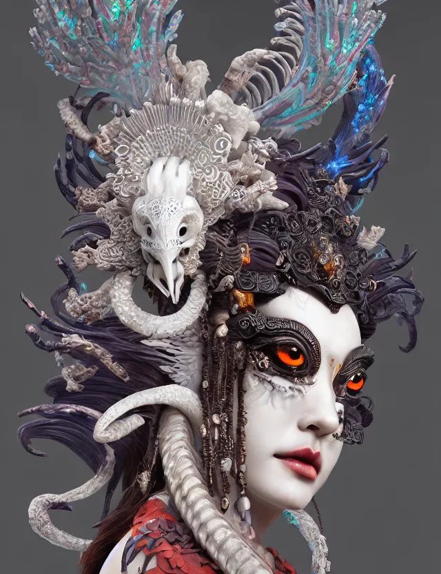 Image similar to 3 d goddess of hell close - up profile portrait with ram skull. beautiful intricately detailed japanese crow kitsune mask and clasical japanese kimono. betta fish, jellyfish phoenix, bio luminescent, plasma, ice, water, wind, creature, artwork by tooth wu and wlop and beeple and greg rutkowski