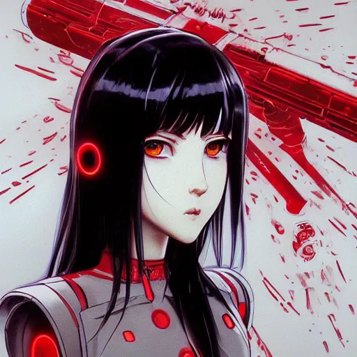 Prompt: A cyborg girl with big and cute red eyes, fine-face, realistic shaded perfect face, fine details. red, black and white robotic parts. Very very anime. Realistic shaded lighting poster by Ilya Kuvshinov katsuhiro otomo ghost-in-the-shell, magali villeneuve, artgerm, Jeremy Lipkin and Michael Garmash, Rob Rey and Kentarõ Miura style, trending on art station