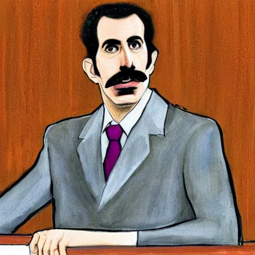 Prompt: A portrait of Borat as a judge in court