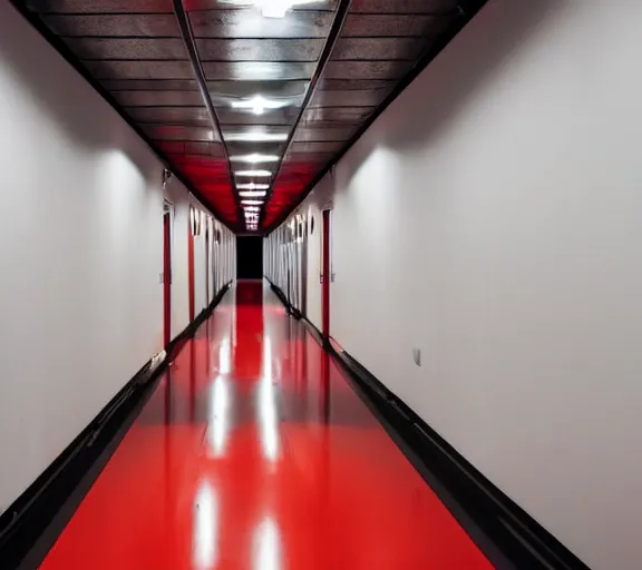 Prompt: spooky photo of an infinite hallway with open lit doorways all the way down, dramatic lighting, smoke, ceiling fluorescent lighting, black and red colour palette