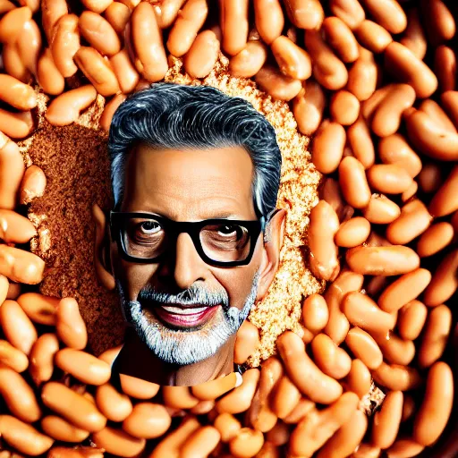 Image similar to jeff goldblum emerging from a pool of baked beans ( sony a 7 r iv, symmetric balance, polarizing filter, photolab, lightroom, 4 k, dolby vision, photography awardm, voque, perfect face )