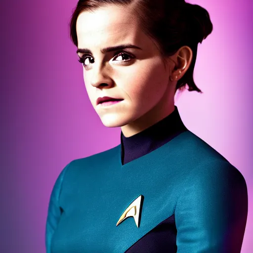 Image similar to Emma Watson in Star Trek, XF IQ4, f/1.4, ISO 200, 1/160s, 8K, RAW, Dolby Vision, symmetrical balance, in-frame