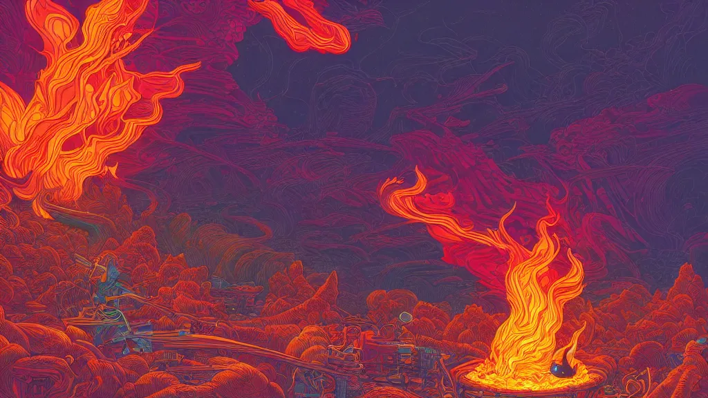 Image similar to highly detailed illustration of an amazing colorful fire in the middle of the night by kilian eng, moebius, nico delort, oliver vernon, joseph moncada, damon soule, manabu ikeda, kyle hotz, dan mumford, otomo, 4 k resolution