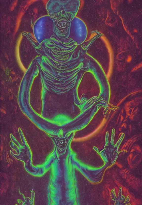 Image similar to subgenius, x - day, aliens, weird stuff, occult stuff, devil stuff, extreme detail, muted colors, bioluminescent glow, vintage, stained paper, hyperrealism, stage lighting