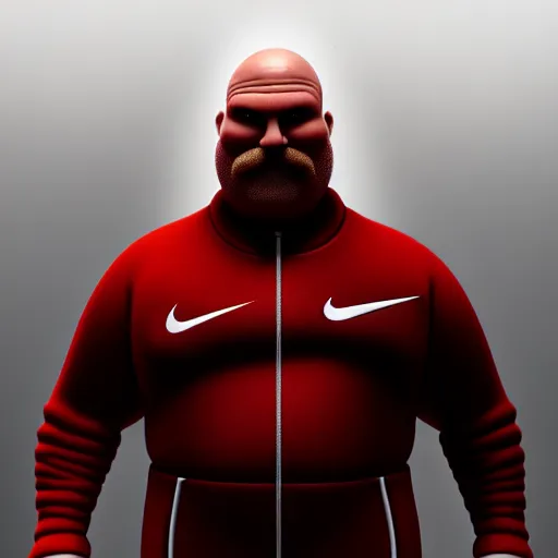 Prompt: bald red man fat man wearing nike tracksuit, very detailed, , dramatic, intricate, elegant, highly detailed, digital painting, artstation, concept art, smooth, sharp focus, illustration, art by Gustave Dore, octane render