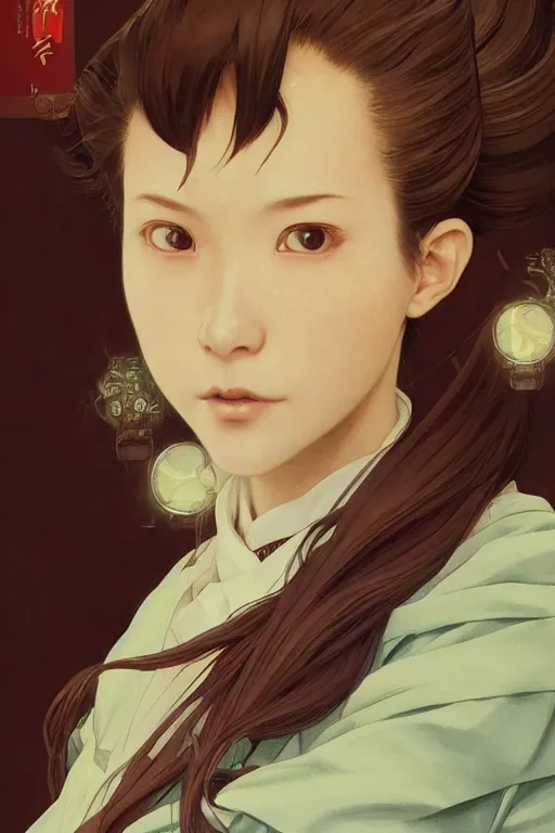 Image similar to high fantasy science-fiction character portrait of Minami Hamabe in Japanese school uniform, highly detailed, digital painting, artstation, upper body, concept art, smooth, sharp focus, illustration, art by artgerm and greg rutkowski and alphonse mucha