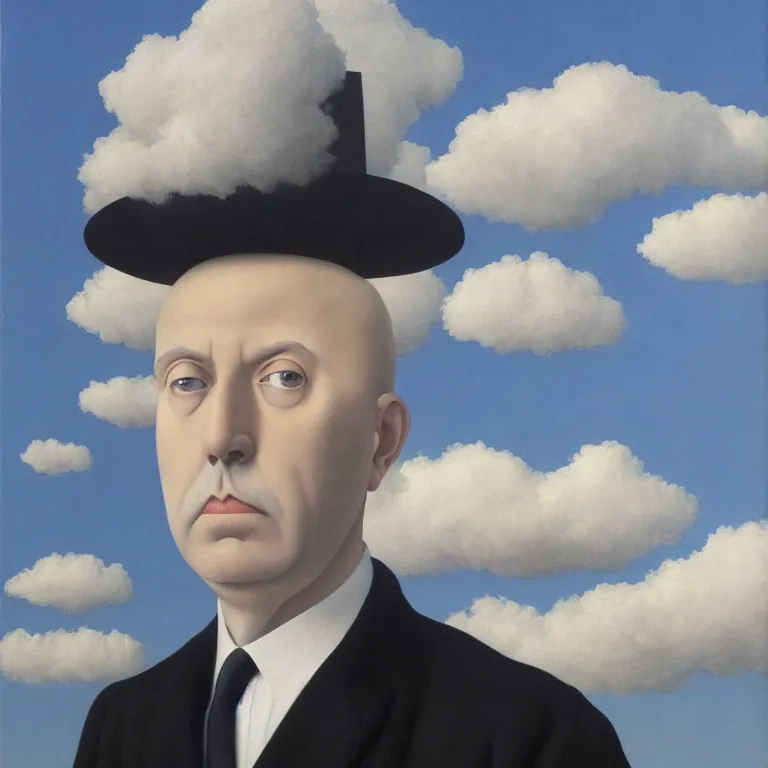 Image similar to portrait of a spooky ghost, clouds in the background, by rene magritte, detailed painting, distance, middle centered, hd, hq, high resolution, high detail, 4 k, 8 k