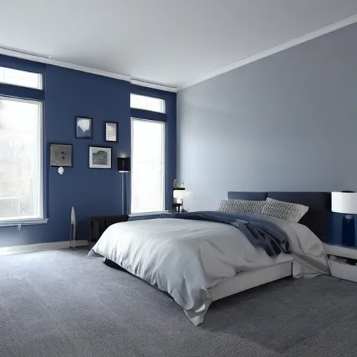 Image similar to designer photograph of minimalist bedroom, colors of blues and grey