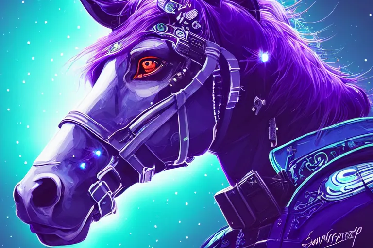 Image similar to a beautiful portrait of a cute cyberpunk horse with bioluminescent mane by sandra chevrier and greg rutkowski and wlop, purple blue color scheme, vaporware, retro, outrun, high key lighting, volumetric light, digital art, highly detailed, fine detail, intricate, ornate, complex, octane render, unreal engine, photorealistic