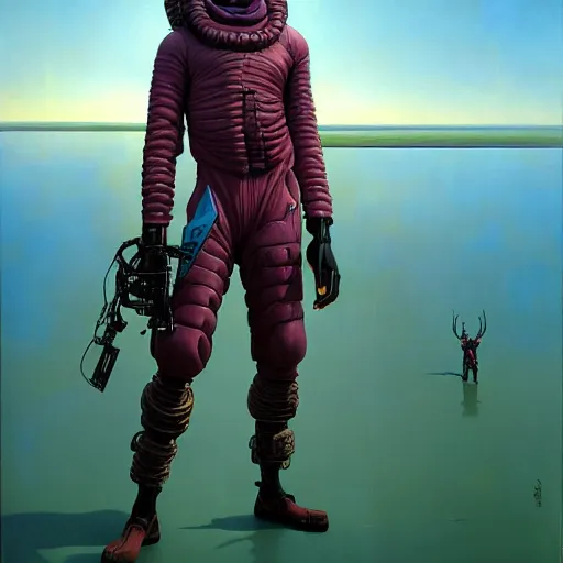 Prompt: a zulu cyberpunk hunter near a pink lake by thomas blackshear and android jones in a surreal portrait style, oil on canvas, 8k resolution.