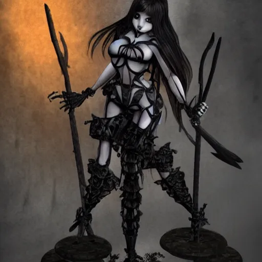 Prompt: cute female succubus demon standing on top a pile of skeleton guards, detailed, photorealistic, goth, smoky atmosphere