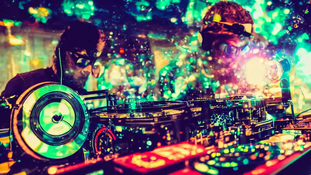 Image similar to a person wearing goggles and visor and headphones using a retro clockwork record player contraption, wires and tubes, turntablism dj scratching, intricate planetary gears, cinematic, imax, sharp focus, leds, bokeh, iridescent, black light, fog machine, hazy, lasers, hyper color digital art