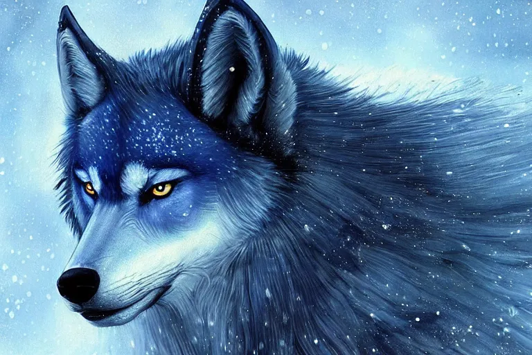 Image similar to blue wolf with wings, facing front, regal, elegant, winter, snow, beautiful, stunning, hd, illustration, epic, d & d, fantasy, intricate, elegant, highly detailed, digital painting, artstation, concept art, smooth, sharp focus, illustration, wallpaper, art by artgerm and greg rutkowski and alphonse mucha and jin xiaodi