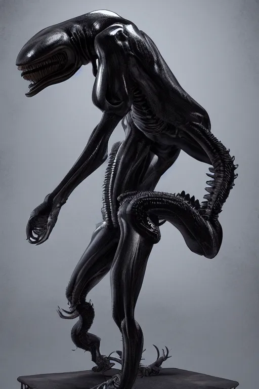 Prompt: neomorph xenomorph design in embrio pose, black, shiny body, hyperrealistic, cinematic lighting