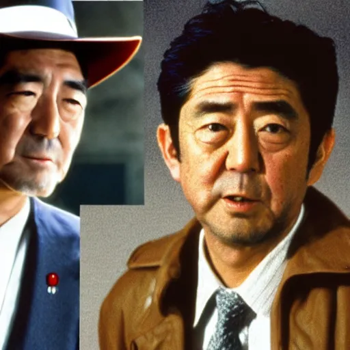 Image similar to a film still of shinzo abe in indiana jones