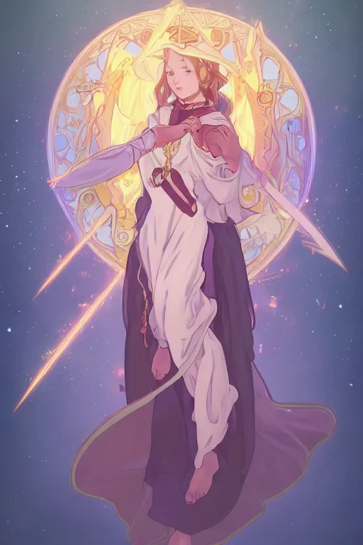 Prompt: a cute wizard girl conjuring a lightening ball, character art portrait, anime key visual, official media, illustrated by alphonse mucha, extremely detailed, 8 k, trending on artstation, cinematic lighting, beautiful