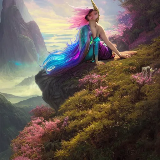 Image similar to a iridescent unicorn looking off a cliff that shows a covered in toxic smog, ultra realistic, concept art, intricate details, highly detailed, photorealistic, octane render, 8 k, art by artgerm and greg rutkowski and alphonse mucha