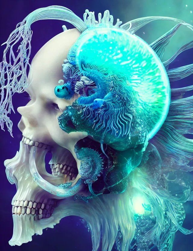 Image similar to goddess macro close - up portrait wigh crown made of ram skull. betta fish, jellyfish phoenix, bioluminiscent, plasma, ice, water, wind, creature, super intricate ornaments artwork by tooth wu and wlop and beeple and greg rutkowski