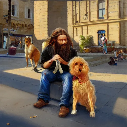 Image similar to oil painting of a young man with long hair blond and a beard hippie style with his golden retrever dog playing piano in the square for money, people watching around, by greg rutkowski, artstation