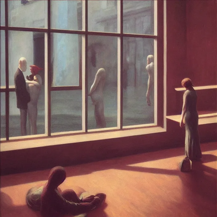 Prompt: fisheye lens, people inside water flooded museum, looking through the window Edward Hopper, highly detailed, artstation, art by zdislav beksinski and wayne barlowe