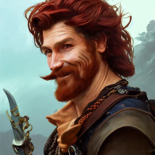 Image similar to portrait of a young ruggedly handsome but cantankerous pirate, male, masculine, upper body, red hair, long hair, d & d, fantasy, giddy smirk, intricate, elegant, highly detailed, digital painting, artstation, concept art, matte, sharp focus, illustration, art by artgerm and greg rutkowski and alphonse mucha