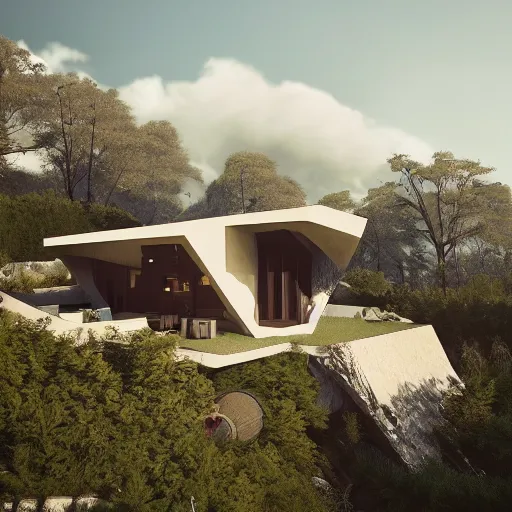 Image similar to modern villa inspired by a rooster, ultra detailed, matte painting, overlooking a valley, big trees, clouds, dramatic lighting, artstation, matte painting, raphael lacoste, simon stalenhag, frank lloyd wright, drone view