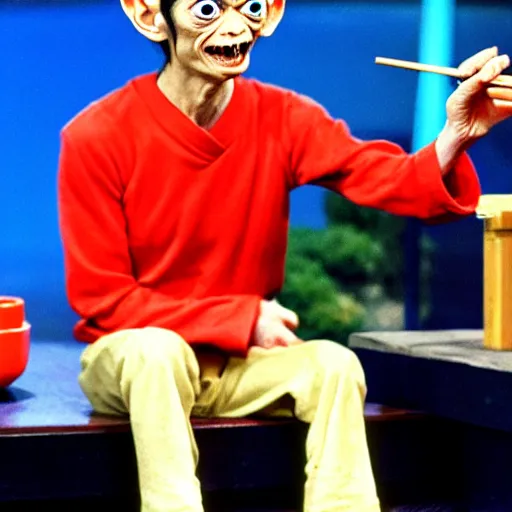 Image similar to gollum from lord of the rings eating sushi on a japanese game show