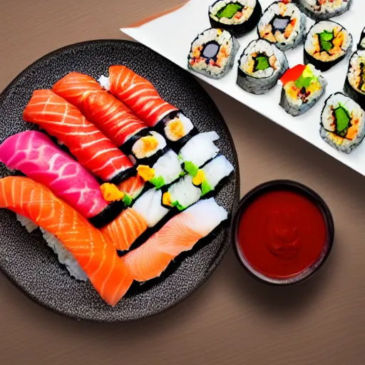Prompt: The sketch would show a plate of sushi with tikka masala on the side. The colors would be bright and vibrant, representing the freshness of the sushi and the spice of the tikka masala. The composition would be balanced, with the sushi rolls arranged neatly on one side and the tikka masala in a small bowl on the other., trending on artstation