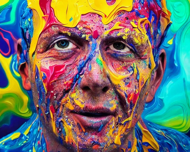 Image similar to still shot close up footage of the portrait of a human head explodes and disintegrates into acrylic pour and splashing paint, motion blur, hyperrealistic, medical, intricate art photography, anatomically correct, realistic crisp textures, 1 6 k