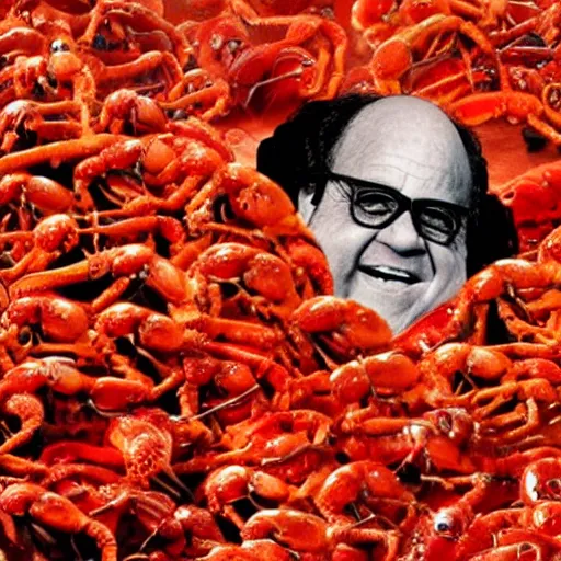 Prompt: HD detailed Danny Devito fighting an army of small red crabs