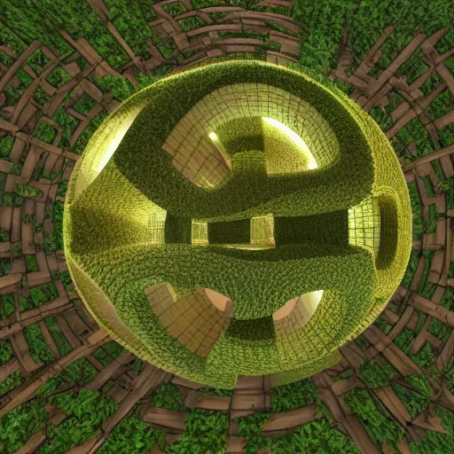 Image similar to : maze pattern sphere in forest 3d render unreal engine