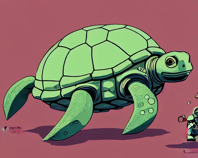 Image similar to a study of cell shaded cartoon of an adorable mechanized turtle with a tank treads, and a human head, illustration, wide shot, subtle colors, post grunge, concept art by josan gonzales and wlop, by james jean, Victo ngai, David Rubín, Mike Mignola, Laurie Greasley, highly detailed, sharp focus, alien, Trending on Artstation, HQ, deviantart, art by artgem