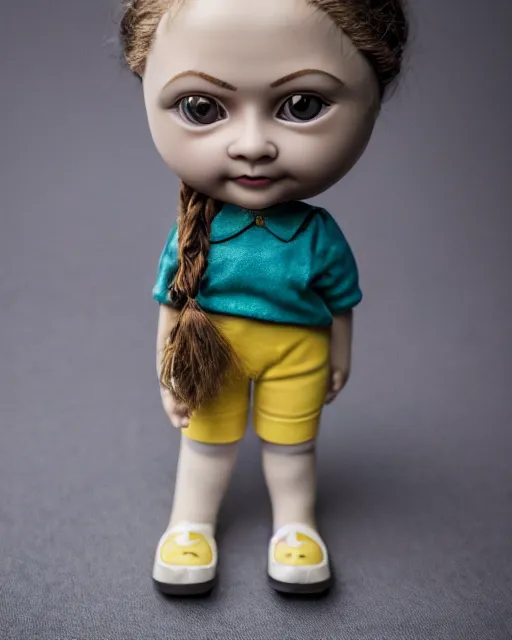 Image similar to high quality presentation photo of a cute greta thunberg porcelain doll in the style of mark ryden photography 4k, f1.8 anamorphic, bokeh, 4k, Canon, Nikon