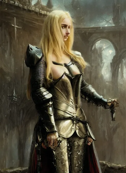 Prompt: young blonde vampire woman wearing black medieval armour, by gaston bussiere, bayard wu, greg rutkowski, giger, maxim verehin, greg rutkowski, masterpiece, sharp focus, cinematic lightning