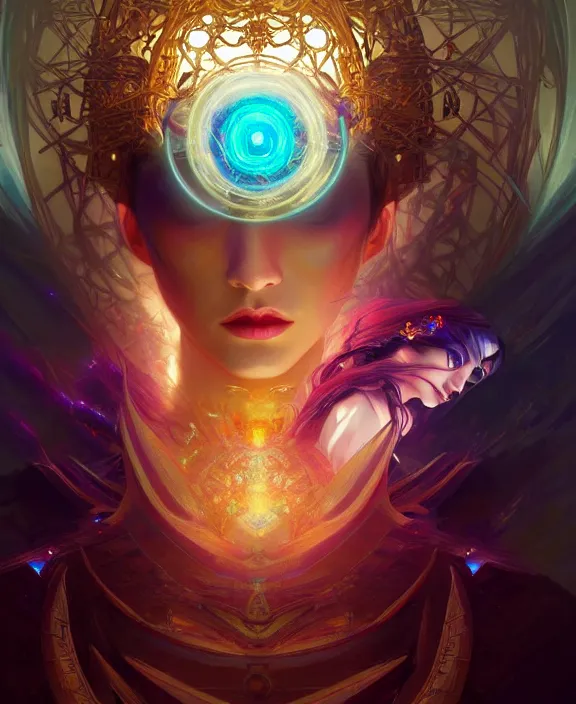 Image similar to a whirlwind of souls rushing inside the metaverse, half body, glowin eyes, tiara with sapphire, pharaoh, android, cyberpunk, d & d, fantasy, intricate, elegant, highly detailed, colorful, vivid color, digital painting, artstation, concept art, art by artgerm and greg rutkowski and alphonse mucha and ruan jia