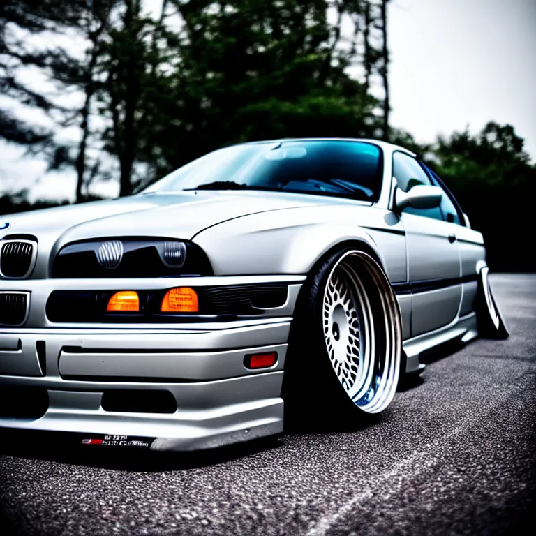 Image similar to close-up-photo BMW E36 illegal meet, cambered wheels, Saitama prefecture, misty midnight, cinematic color, photorealistic, high detailed deep dish wheels, highly detailed, custom headlights, subtle neon underlighting