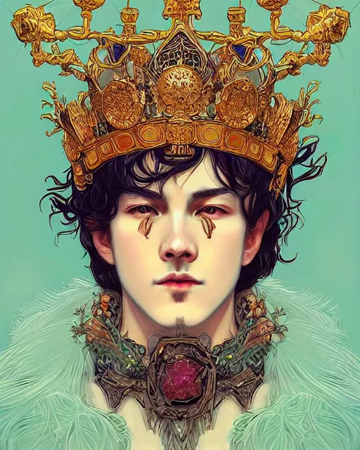 Image similar to symmetrical, centered, young and handsome god close - up portrait wigh crown made of skulls. artwork by tooth wu and wlop and alena aenami and alphonse mucha, brian froud, pablo amaringo